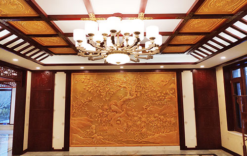 大路镇中式别墅客厅中式木作横梁吊顶装饰展示